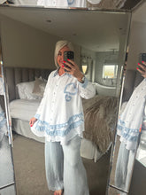 Load image into Gallery viewer, The Bora Bora denim frill heart shirt in white
