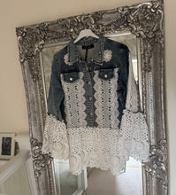 Load image into Gallery viewer, The Bora Bora embellished crochet denim jacket
