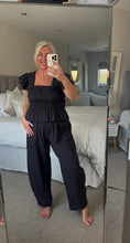 Load image into Gallery viewer, The shirred gingham trouser suit with cocoon bottoms &amp; frill shoulder top
