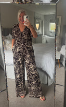 Load image into Gallery viewer, The Leaf print chocolate shirred jumpsuit with pockets
