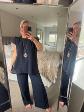 Load image into Gallery viewer, The Frill sleeve pinstripe chiffon trouser suit with separate necklace
