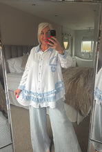 Load image into Gallery viewer, The Bora Bora denim frill heart shirt in white
