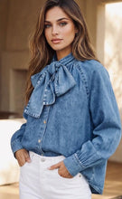 Load image into Gallery viewer, The denim pussy bow shirt
