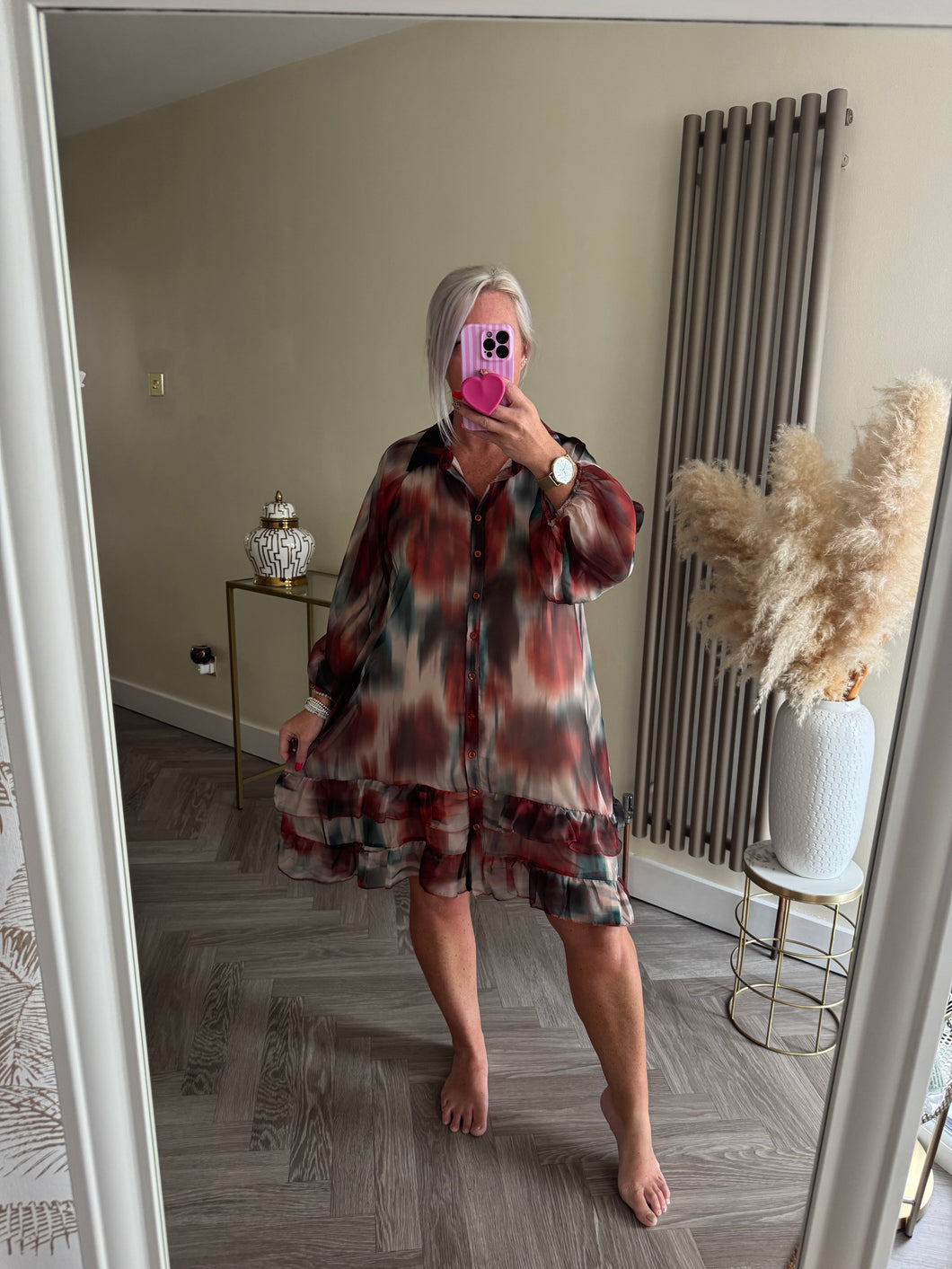 The frill hem chiffon tie dye button through dress