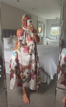 Load image into Gallery viewer, The Bora Bora satin floral dress with pockets &amp; tie neck
