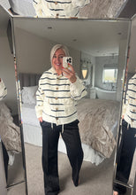 Load image into Gallery viewer, The Taylor striped knit hoodie with gold button detail
