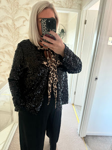 The sequin animal print tie front jacket