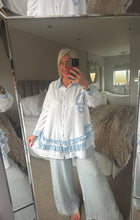 Load image into Gallery viewer, The Bora Bora denim frill heart shirt in white
