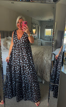 Load image into Gallery viewer, The Polka dot dress in chocolate &amp; blue with tie shoulder detail
