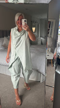 Load image into Gallery viewer, The Palma cotton linen mix trouser suit with tie front trouser &amp; button through cowl neck top
