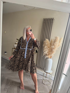 The animal print smock dress with pinstripe denim trim
