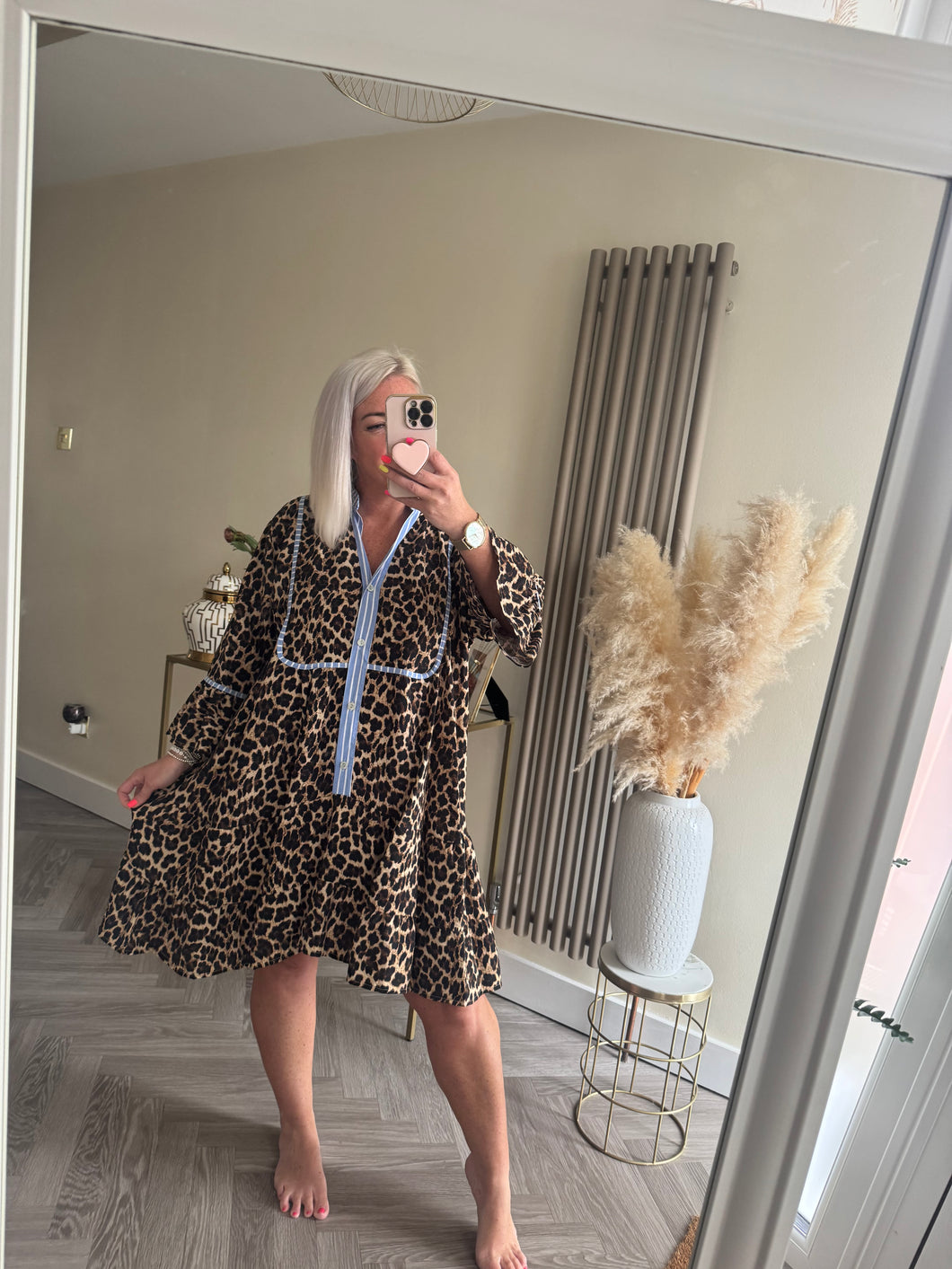 The animal print smock dress with pinstripe denim trim