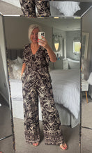 Load image into Gallery viewer, The Leaf print chocolate shirred jumpsuit with pockets
