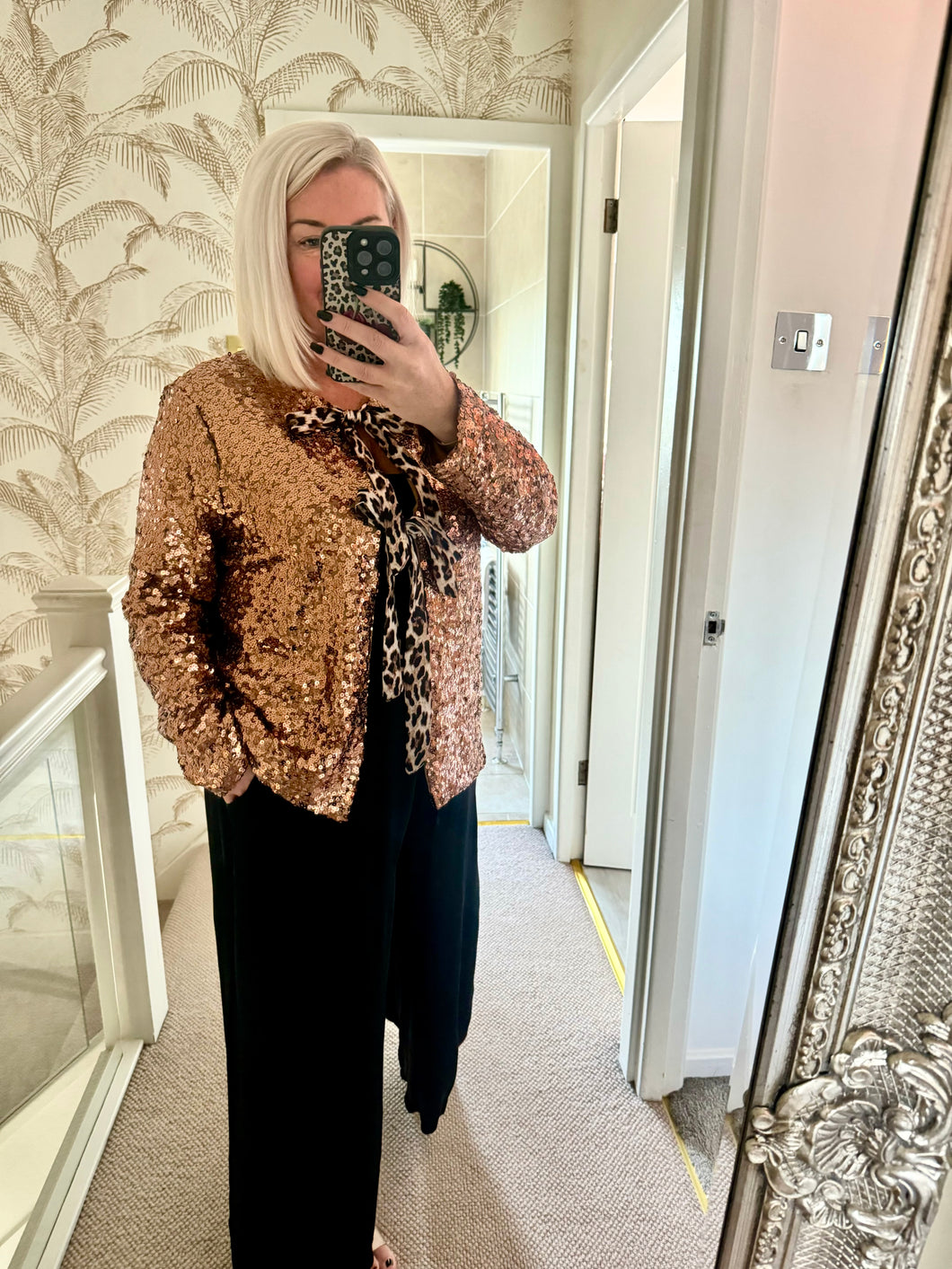 The sequin animal print tie front jacket