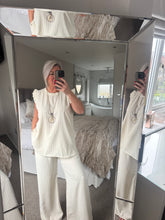 Load image into Gallery viewer, The Frill sleeve pinstripe chiffon trouser suit with separate necklace
