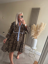 Load image into Gallery viewer, The animal print smock dress with pinstripe denim trim
