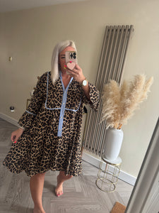 The animal print smock dress with pinstripe denim trim
