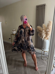 The frill hem chiffon tie dye button through dress