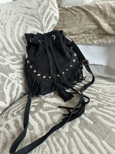 The Ibiza boho 100% suede tassel pouch bag with stud detail