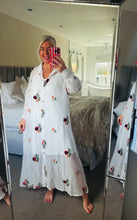 Load image into Gallery viewer, The Ibiza embellished rose embroidered shirt dress
