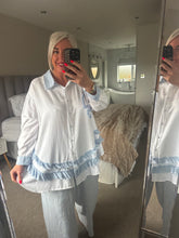 Load image into Gallery viewer, The Bora Bora denim frill heart shirt in white
