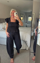 Load image into Gallery viewer, The shirred gingham trouser suit with cocoon bottoms &amp; frill shoulder top
