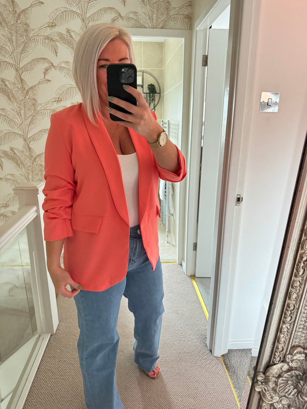 The rouched sleeve blazer in coral