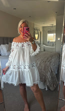 Load image into Gallery viewer, The Bora Bora 100% cotton Bardot dress with crochet detailing
