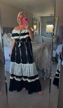 Load image into Gallery viewer, The Ibiza Boho embellished maxi dress in black, cream &amp; gold
