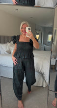 Load image into Gallery viewer, The shirred gingham trouser suit with cocoon bottoms &amp; frill shoulder top
