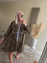 Load image into Gallery viewer, The animal print smock dress with pinstripe denim trim
