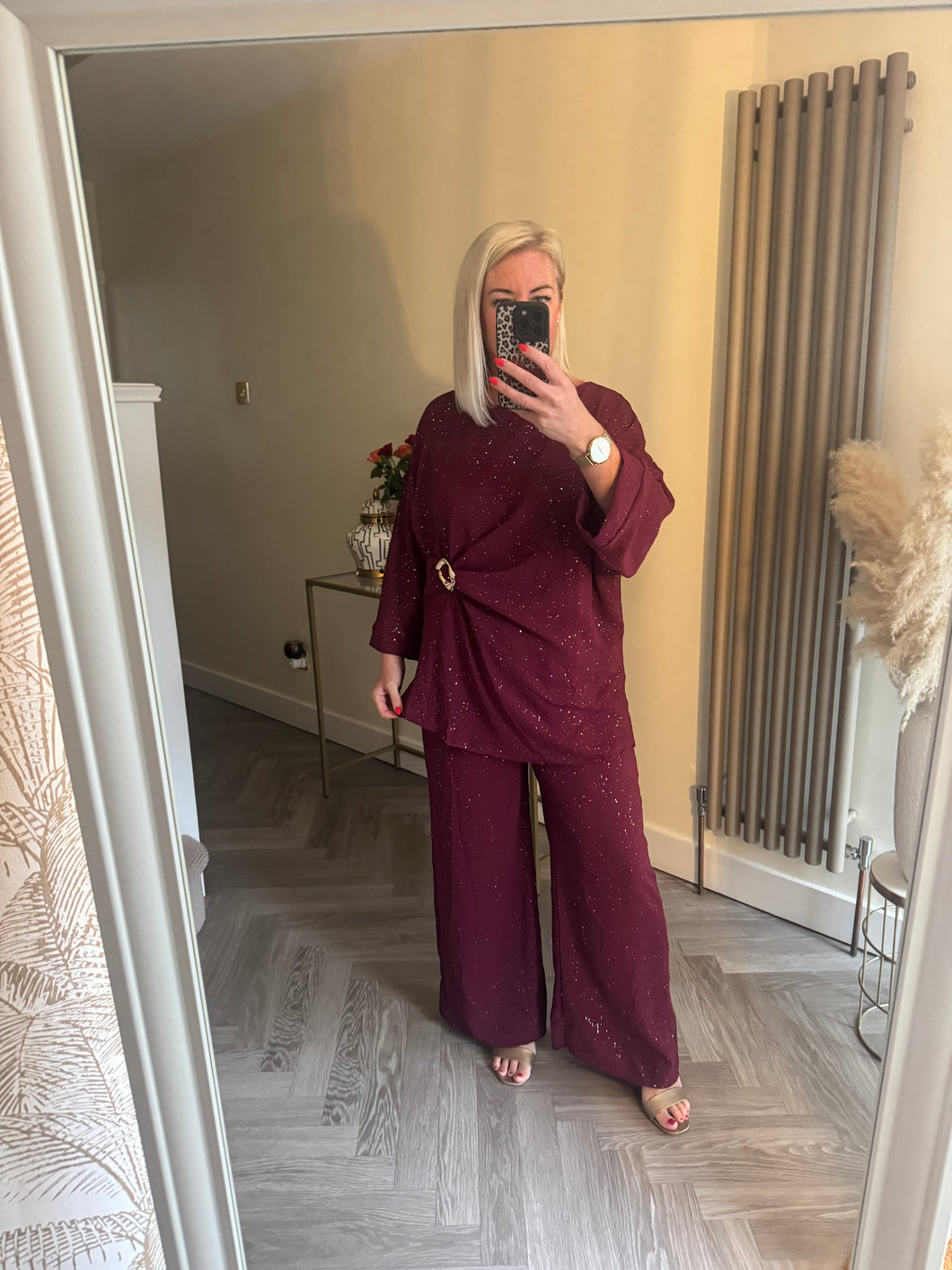 The sparkle side drape buckle trouser suit