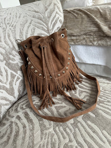 The Ibiza boho 100% suede tassel pouch bag with stud detail