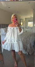 Load image into Gallery viewer, The Bora Bora 100% cotton Bardot dress with crochet detailing
