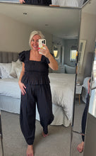 Load image into Gallery viewer, The shirred gingham trouser suit with cocoon bottoms &amp; frill shoulder top

