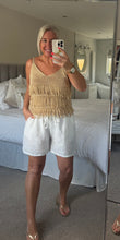 Load image into Gallery viewer, The Ibiza gold shimmer tassel crochet top
