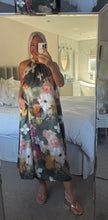 Load image into Gallery viewer, The Bora Bora satin floral dress with pockets &amp; tie neck
