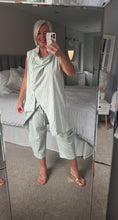 Load image into Gallery viewer, The Palma cotton linen mix trouser suit with tie front trouser &amp; button through cowl neck top
