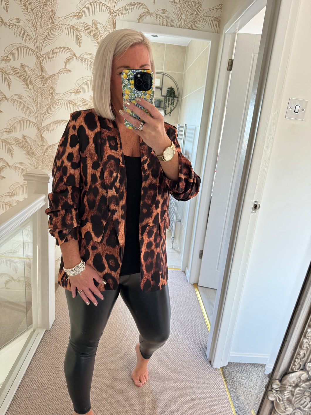 The rouched sleeve animal print blazer in tan