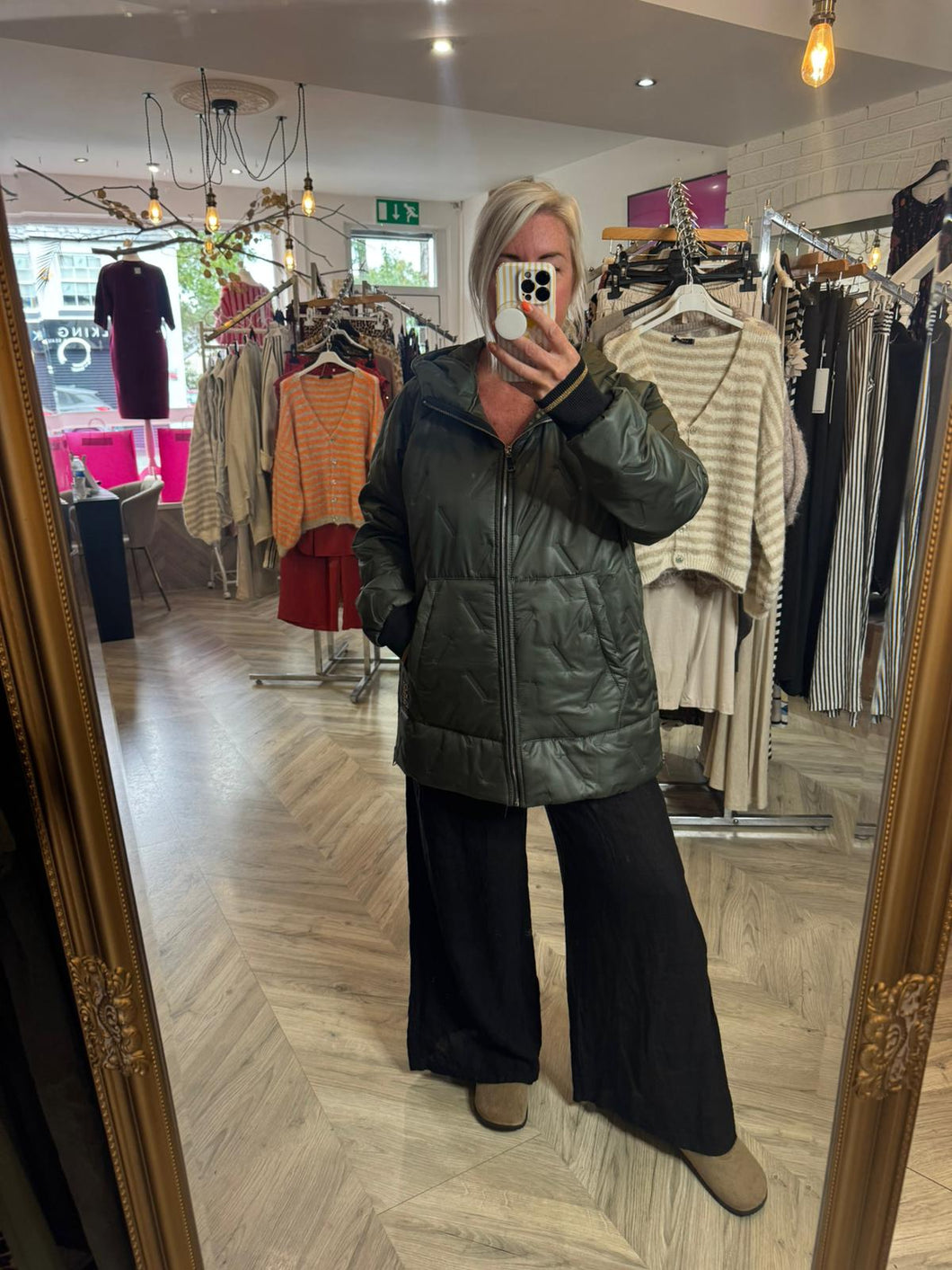 The black label quilted coat in khaki
